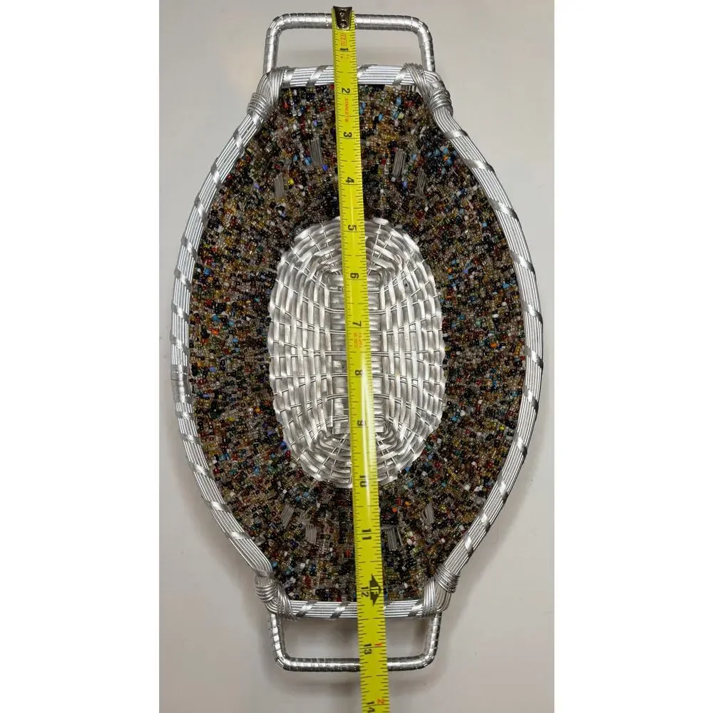 IHI Boat Shape Seed Bead Basket Silver Metal And Wire Made In India 13.5